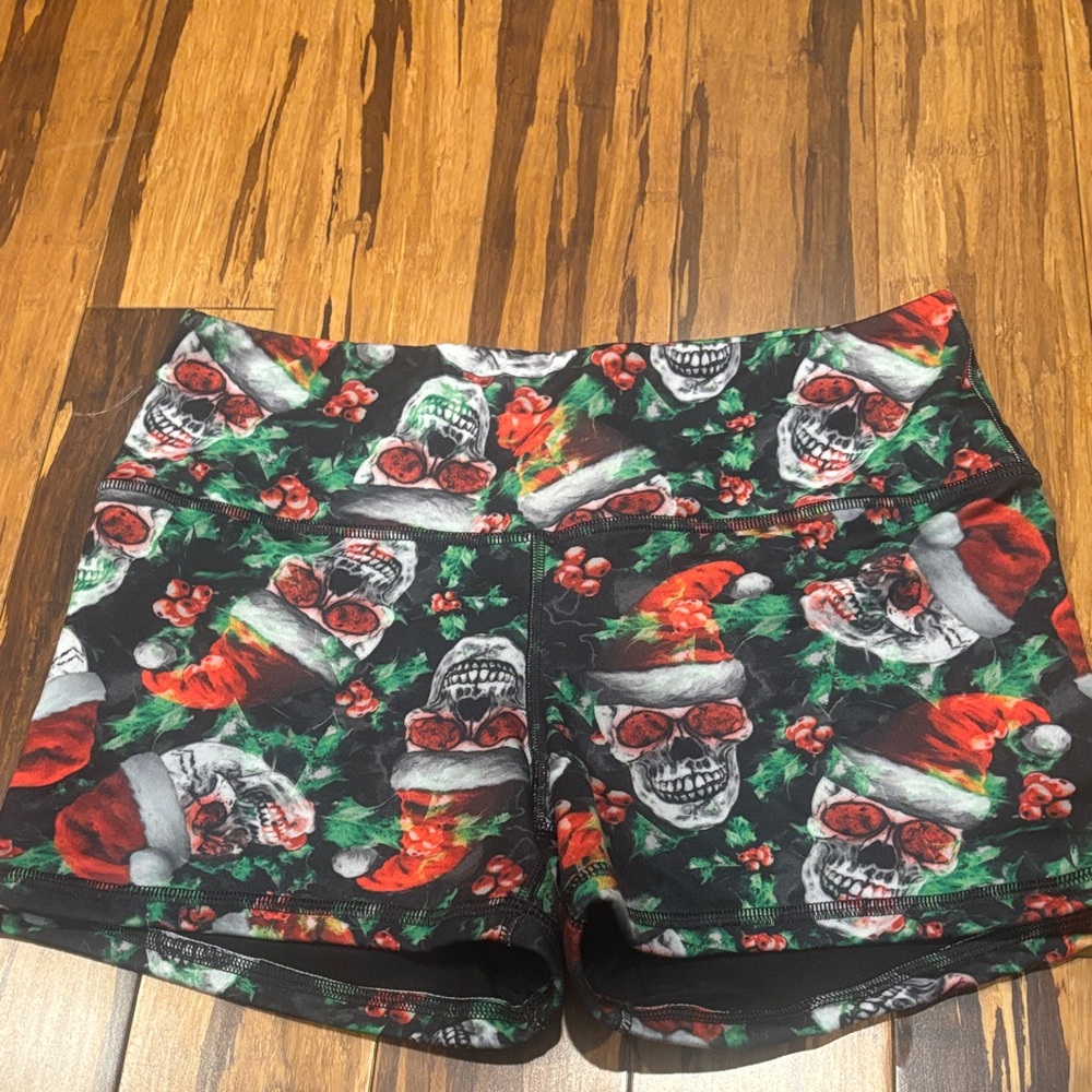 Fleo Black and Red Skull Print Evil Santa Women's Athletic Shorts